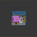 Cartoon Scene Inside Blue Suitcase with Pink Bed Purple Pillow Striped Curtains Furniture and Toys