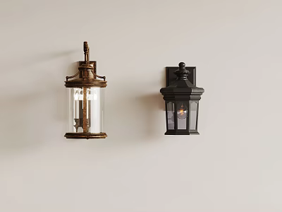 Brass And Black Wall Sconces With Glass Shades Mounted On White Wall 3d model