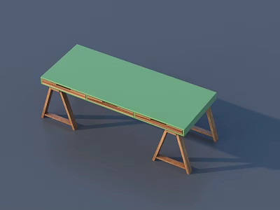 Garden Landscape Featuring Long Table With Green Tabletop And Wooden Legs 3d model