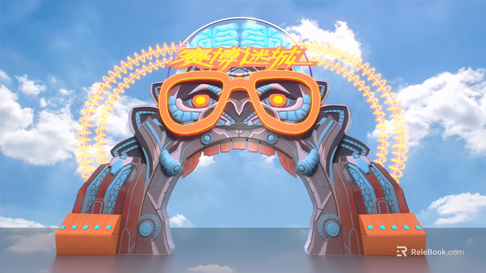 Futuristic Cyberpunk Archway With Glasses Design Glowing Decorations And Orange Blue Colors Against Sky Background 3d model 