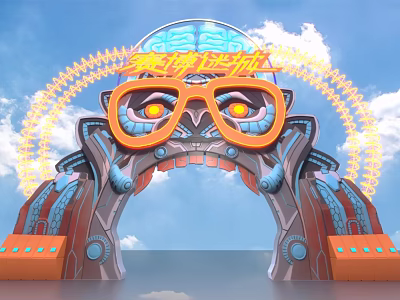 Futuristic Cyberpunk Archway With Glasses Design Glowing Decorations And Orange Blue Colors Against Sky Background 3d model