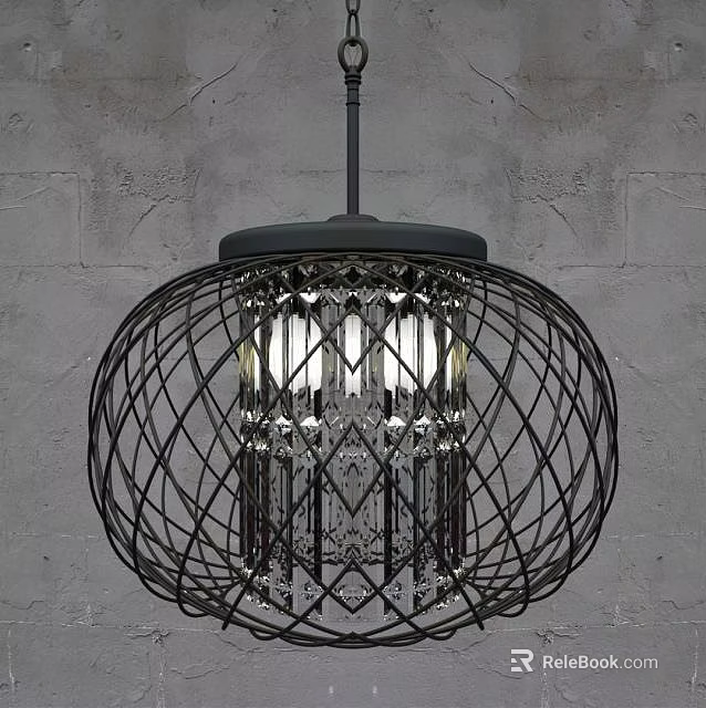 Modern Pendant Light With Black Metal Grid Frame And Clear Crystal Decorative Elements 3d model 