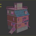 Red Brick Multi Story Building With Blue Roof Wooden Rooftop And Staircase