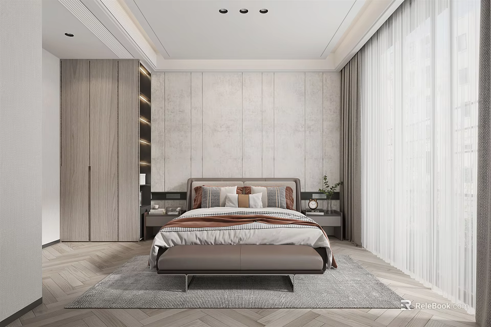 Modern Bedroom Interior With Upholstered Headboard Textured Wall Wooden Wardrobe And Sheer Curtains 3d model 