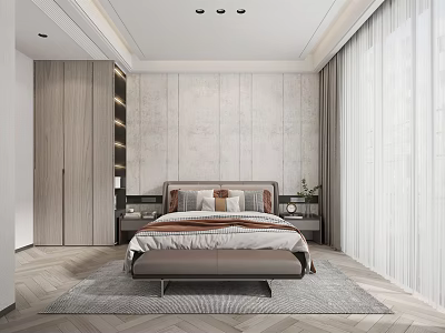 Modern Bedroom Interior With Upholstered Headboard Textured Wall Wooden Wardrobe And Sheer Curtains 3d model