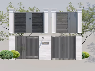 Modern Entrance Gate Design With Gray Metal Panels White Pillars And Green Plants 3d model