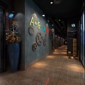 Industrial KTV Interior Design With Brick Wall Gear Decorations Long Corridor And Lighting 3d model