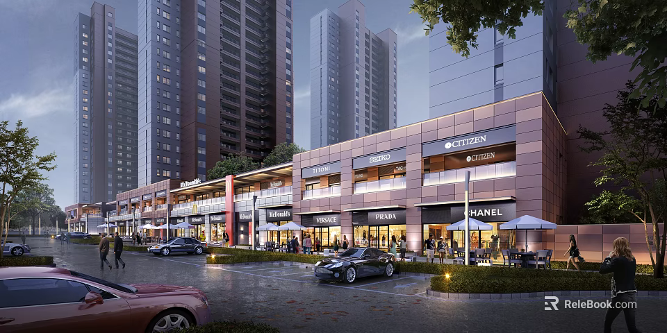 Modern Commercial Street Featuring Luxury Brands High Rise Buildings And Cars 3d model 