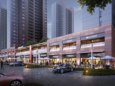 Modern Commercial Street Featuring Luxury Brands High Rise Buildings And Cars 3d model