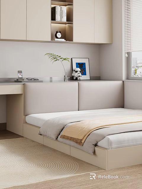 Modern Cozy Tatami Bedroom With Upholstered Backrest Desk Plant Photo Frame And Window 3d model 