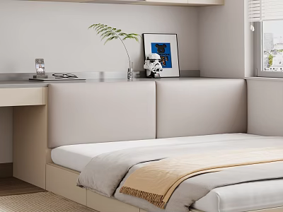 Modern Cozy Tatami Bedroom With Upholstered Backrest Desk Plant Photo Frame And Window 3d model