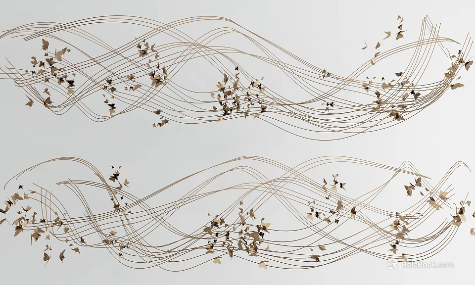 Modern Style Hanging Pendant With Wavy Metallic Lines And Leaf Accents For Indoor Decor 3d model 