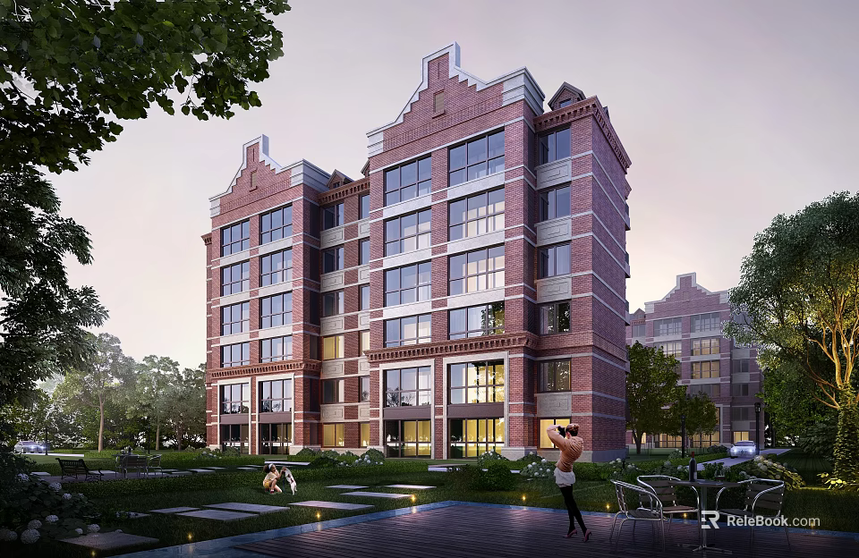 Modern Multi Story Red Brick Residential Building Featuring Large Windows And Greenery Surrounding 3d model 