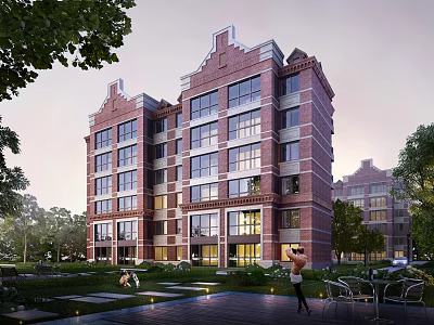 Modern Multi Story Red Brick Residential Building Featuring Large Windows And Greenery Surrounding 3d model