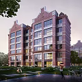 Modern Multi Story Red Brick Residential Building Featuring Large Windows And Greenery Surrounding