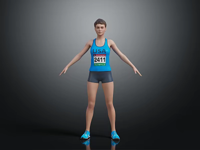 Athlete In Blue Tank Top With Number 2411 Black Shorts And Blue Shoes Arms Outstretched 3d model