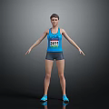 Athlete In Blue Tank Top With Number 2411 Black Shorts And Blue Shoes Arms Outstretched