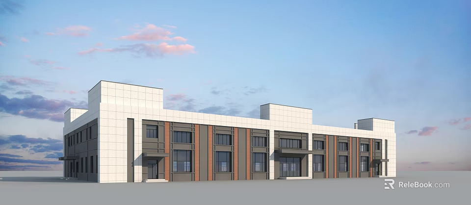 Modern Office Building With White And Brown Facade And Large Windows 3d model