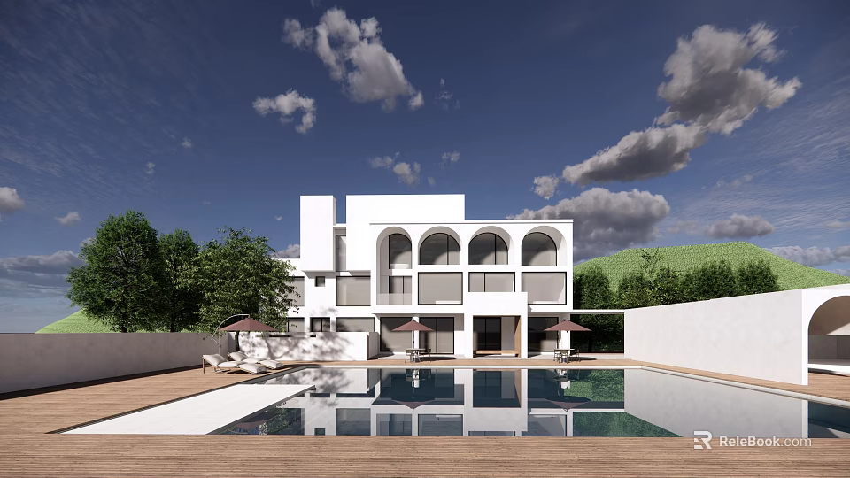 Scenic Modern White Villa With Arched Windows Swimming Pool And Green Surroundings 3d model 