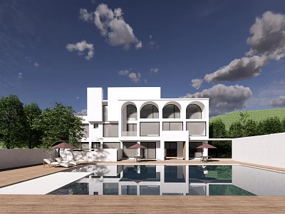Scenic Modern White Villa With Arched Windows Swimming Pool And Green Surroundings 3d model