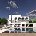 Scenic Modern White Villa With Arched Windows Swimming Pool And Green Surroundings