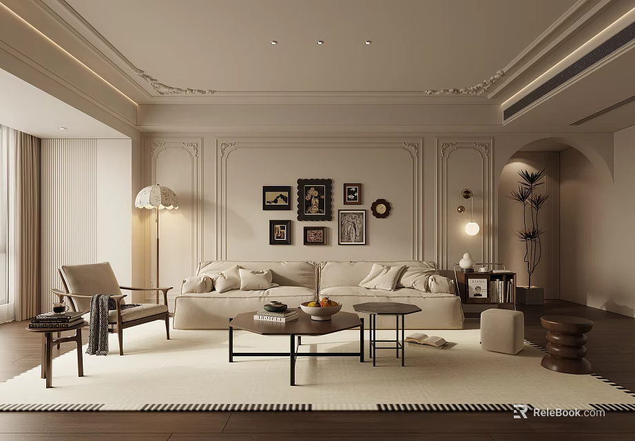 Warm Modern Living Room Interior With Beige Sofa Coffee Table And Framed Art 3d model 