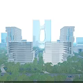 Contemporary Office Building Architectural Design With Unique Glass Walls And Lush Greenery In Urban Setting