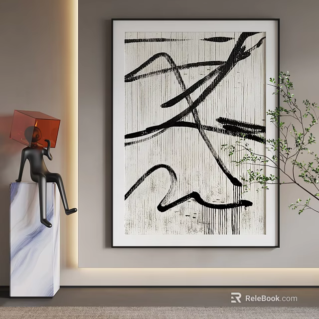 Modern Abstract Painting With Black Lines White Background Sculpture And Green Plant Decor 3d model 