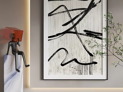 Modern Abstract Painting With Black Lines White Background Sculpture And Green Plant Decor 3d model