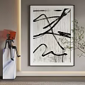 Modern Abstract Painting With Black Lines White Background Sculpture And Green Plant Decor