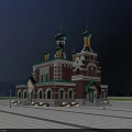 European Style Architecture With Red Brick White Walls Decorative Towers Spires And Evening Lighting