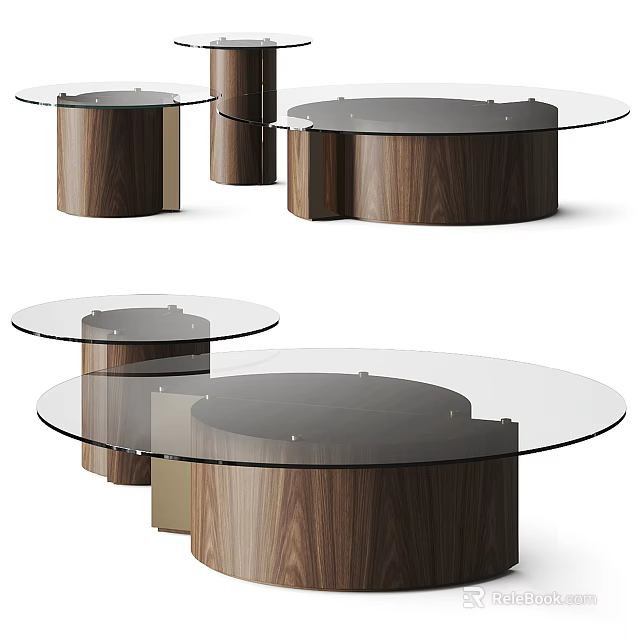 Modern Round Coffee Table With Glass Top And Wooden Base Design Features 3d model 