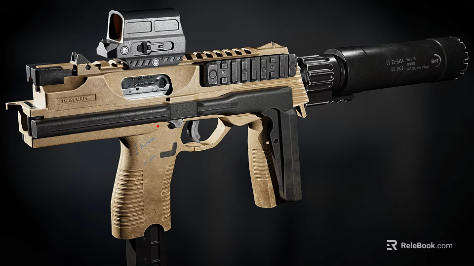Tactical Rifle With Red Dot Sight Suppressor Tan Modular Design And Textured Grip 3d model 