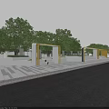 Yellow Modern Canopy with Columns Surrounded by Green Trees and Paved Ground