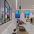 Elegant Clothing Store With Circular Chandeliers Herringbone Floor Large Windows And Clothes On Racks