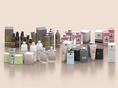 Elegant Perfume And Cosmetic Collection With Fragrance Bottles Lotion Jars And Boxes 3d model