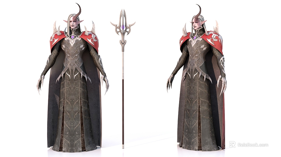Game Film Elven Mage Character In Dark Robe With Red Cape And Enchanted Staff 3d model 