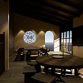 Shopping Mall Store Interior With Wooden Ceiling Large Windows Natural Light And Tables