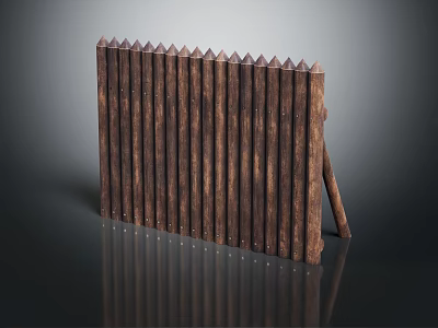 Brown Wooden Fence With Closely Spaced Vertical Spiked Slats And Support Legs 3d model
