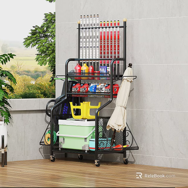 Outdoor Metal Utility Cart With Spray Bottles Water Bucket Storage Boxes And Umbrella 3d model 