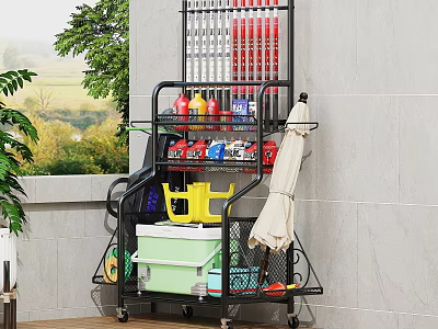 Outdoor Metal Utility Cart With Spray Bottles Water Bucket Storage Boxes And Umbrella 3d model
