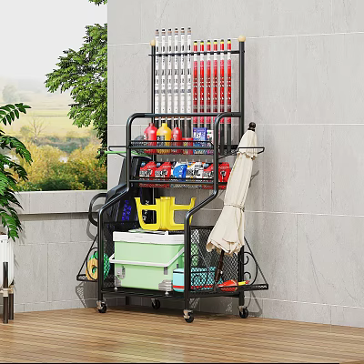 Outdoor Metal Utility Cart With Spray Bottles Water Bucket Storage Boxes And Umbrella 3d model