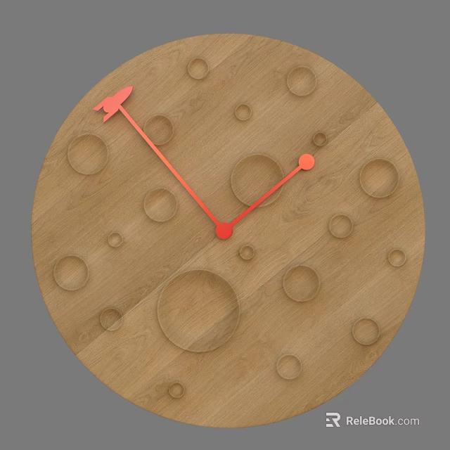 Modern Wooden Clock With Circular Cutouts And Red Pointer Hands 3d model 