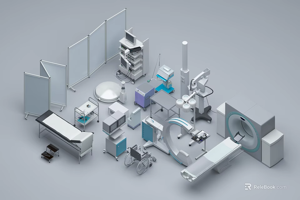 Essential Medical Equipment Collection With Examination Tables Scanners And Storage Cabinets 3d model