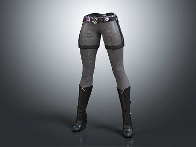 Gray Shorts With Gray Leggings And Black Knee High Boots With Purple Belt 3d model
