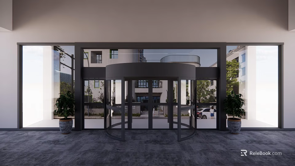 Modern Revolving Door Entrance With Glass Panels And Potted Plants Outdoor View 3d model 