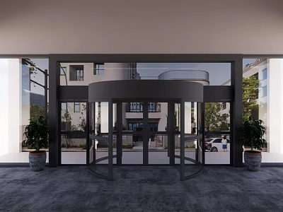 Modern Revolving Door Entrance With Glass Panels And Potted Plants Outdoor View 3d model