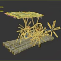 Handmade Bamboo Raft With Green Leaf Canopy And Wooden Paddle Structures