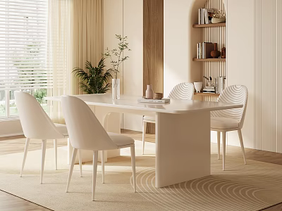 Modern Cream Style Dining Table and Chair Combination Fabric Backrest Chair Book Ornaments Potted Plant Decorative Painting Carpet 3d model