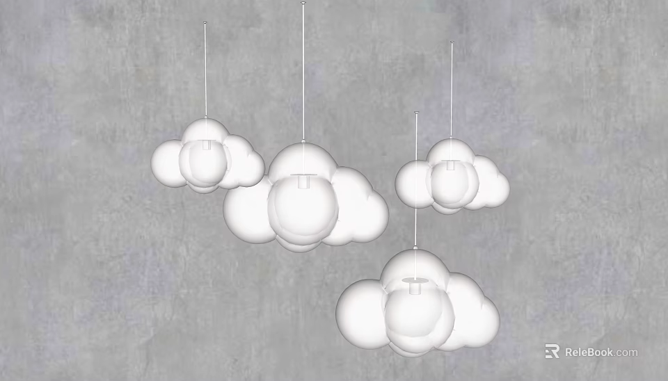 Four Modern White Cloud Shaped Chandeliers Hanging On Gray Background 3d model